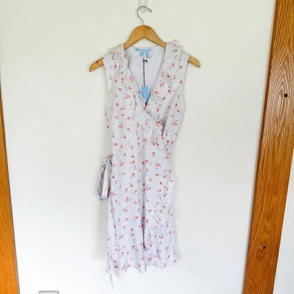 Draper James Women’s White Linen Ruffle Wrap Sleeveless Mini Dress in Multi Colo - Picture 3 of 11